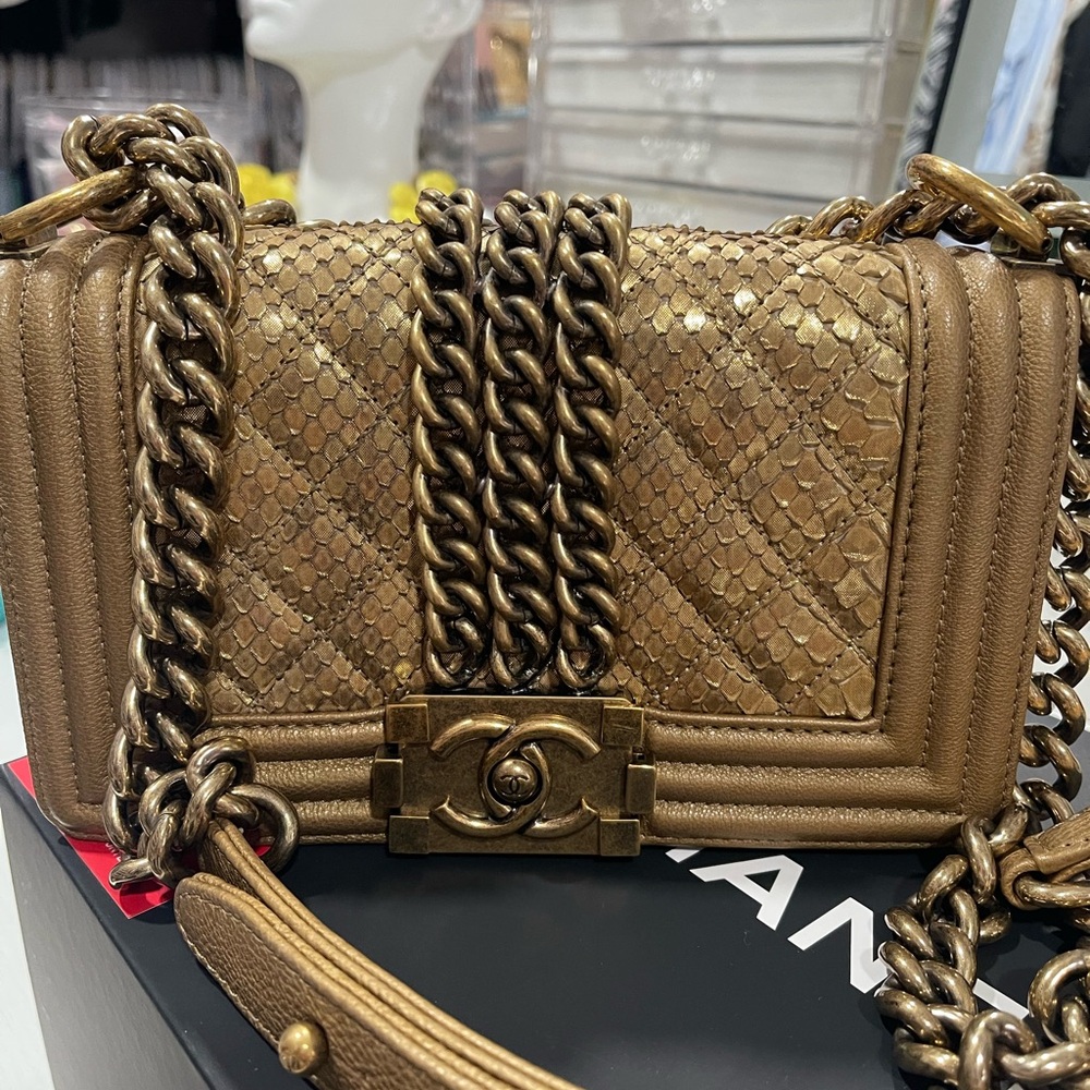 CHANEL Metallic Bronze leather Python Boy Crossbody Bag